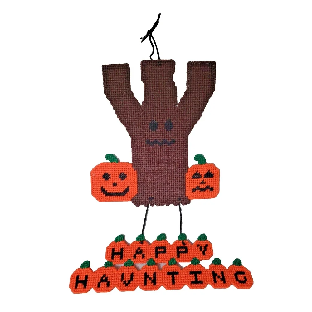 Set 2 Vintage Halloween Needlepoint on Plastic Decoration Pumpkin Ghost Graveyar